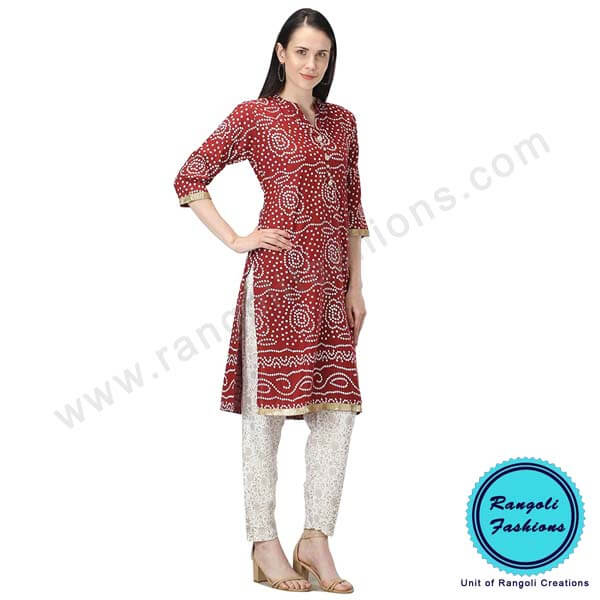 Bandhani Printed Cotton Kurti Red Maroon View 2