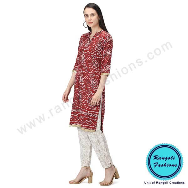 Bandhani Printed Cotton Kurti Red Maroon View 5
