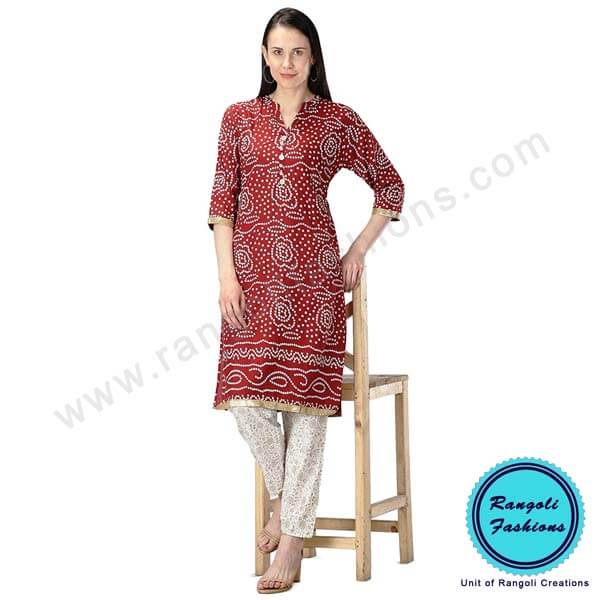 Bandhani Printed Cotton Kurti Red Maroon View 6