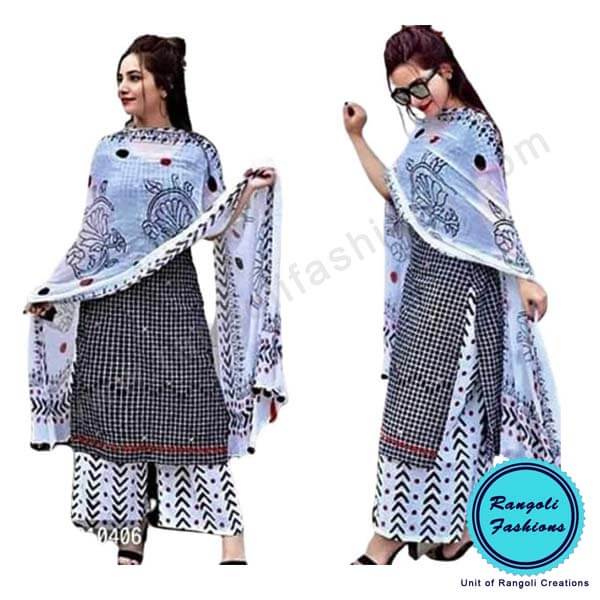 Black and White Cotton Printed Kurti Palazzo View 1