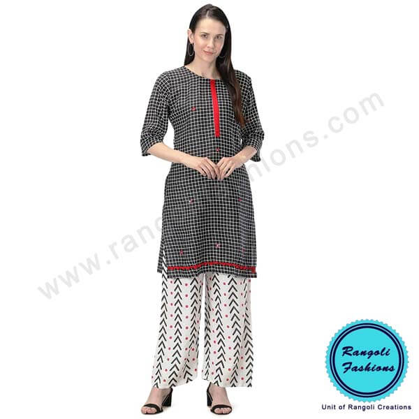 Black and White Cotton Printed Kurti Palazzo View 2