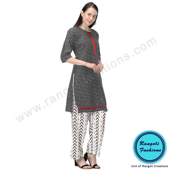 Black and White Cotton Printed Kurti Palazzo View 5