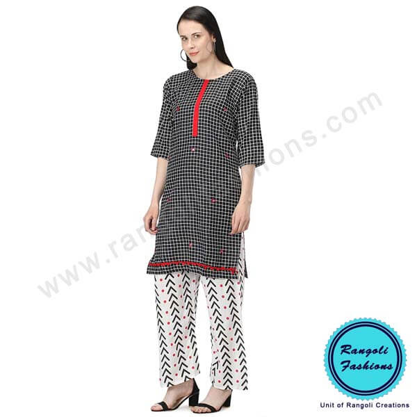 Black and White Cotton Printed Kurti Palazzo View 7