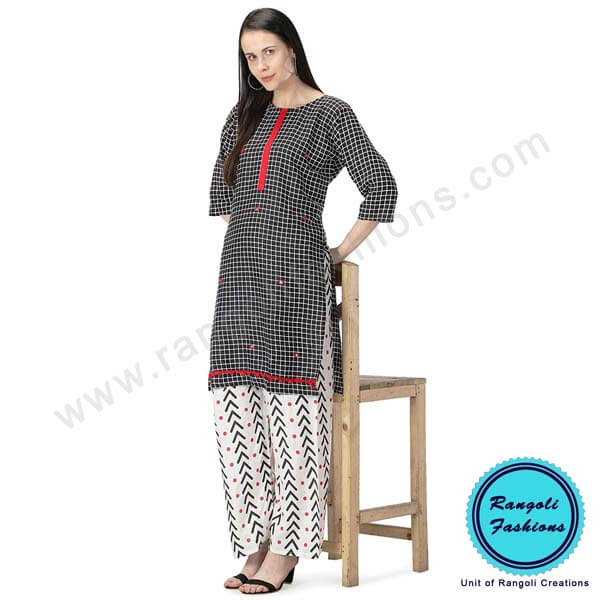 Black and White Cotton Printed Kurti Palazzo View 8