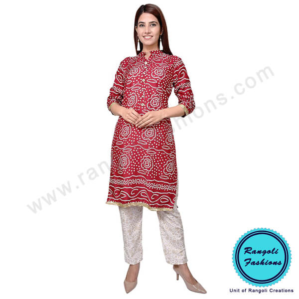 Cotton Kurti Red Bandej Bandhani Print View 5