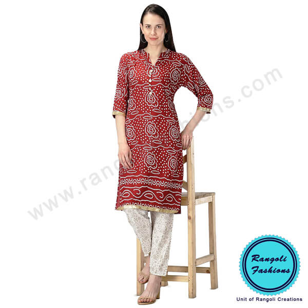 Cotton Kurti Red Bandej Bandhani Print View 8