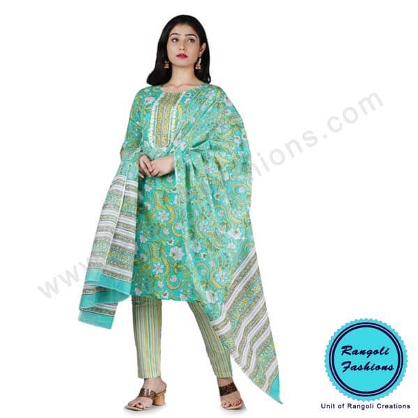 Printed Gottawork Kurti Pant Dupatta Set Green View1