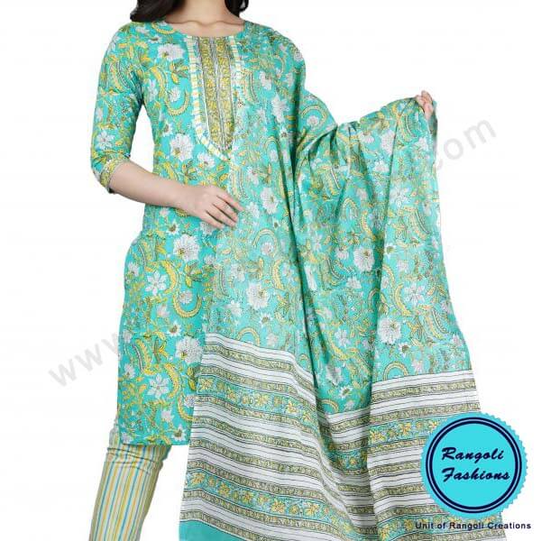 Printed Gottawork Kurti Pant Dupatta Set Green View3