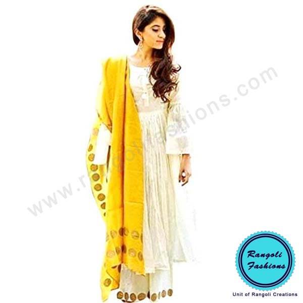 White Bell Kurti Yellow Pant View1